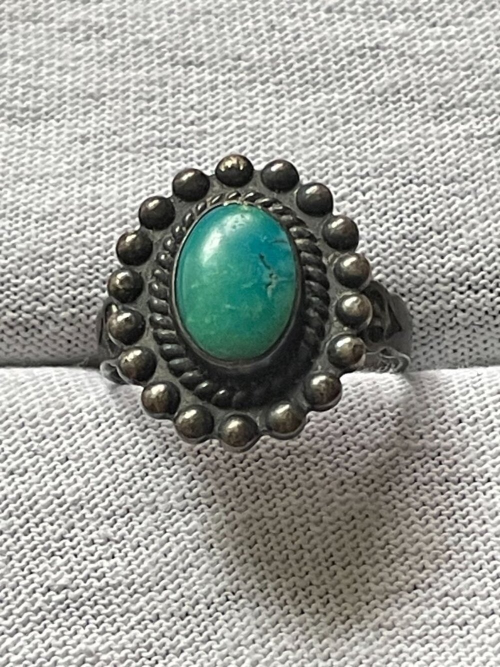 Vintage Harvey Era Stamped Sterling Silver 0.75" Turquoise Frame Ring Sz 7